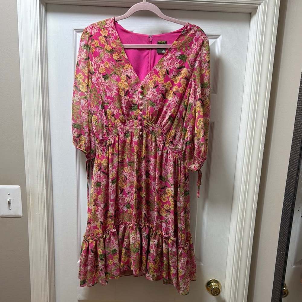Floral Pink V-Neck Tiered Dress